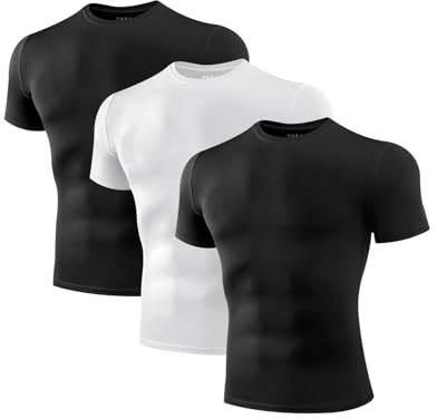 Niksa Lot de 1/2/3 t-shirts fonctionnels pour homme, t-shirt de compression à manches courtes, col rond, respirant, pour la course, l'entraînement, le fitness, C noir + noir + blanc (3 pièces), S