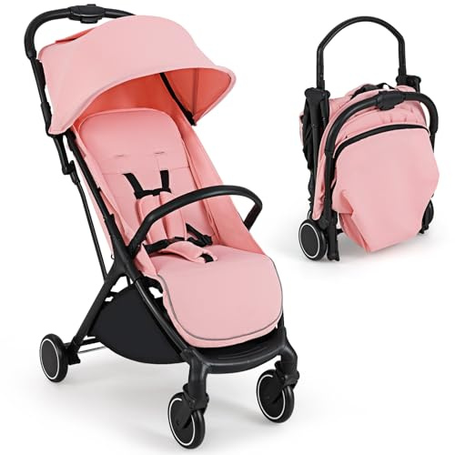COSTWAY Vikbar Resevagn med Liggfunktion och Justerbart Ryggstöd, Barnvagn med Skydd, Fotstöd och Säkerhetsbälte - Belastning upp till 15 kg (Rosa)