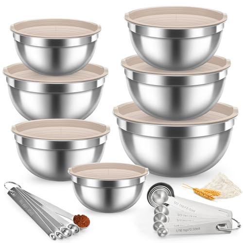 CLVEDU 21PCS Mixing Bowls with Lids Set, 7 Mixing Bowls & 14 Measuring Spoons, Stainless Steel Nesting Bowls for Baking & Cooking Prepping Space Saving Storage, Kitchen Essentials, 0.6-5.5QT