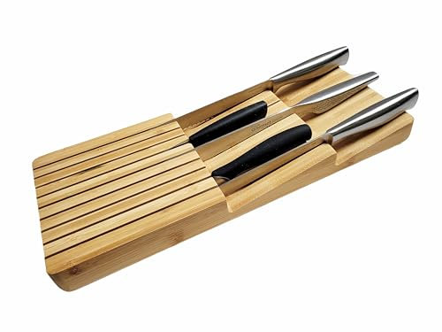 Bamboo in-Drawer Knife Block | Knife Drawer Organiser | Kitchen Drawer Organiser | Block Storage | Bamboo Cutlery Storage Organisation | Holds up to 9 | Fits Most Sizes