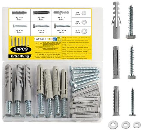 ErShiPing 14 Sets Heavy Duty Masonry Brick Wall Fixing Screw | M6 M8 M10 Coach Screws and Wall Plugs Set,Hex Coach Masonry Screws for Brick Wall TV Bracket Aerial Shelves Concrete Fixings