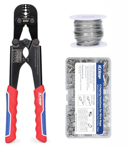 iCrimp Vajer klämverktygssats med inbyggd skärare, 15 m rostfri stålkabel, 330 aluminiumhylsor, 45 fingerborg, för 1,2–3,5 mm gungning, perfekt för kabelräcke, däck, staket