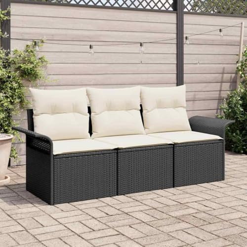 Tonture Garten-Sofa-Set mit Kissen, 3-teilig, Schwarz Poly Rattan, Modulares Outdoor Loungeset, Verstellbare Füße, Stauraum für Terrasse, Balkon, Außenbereich