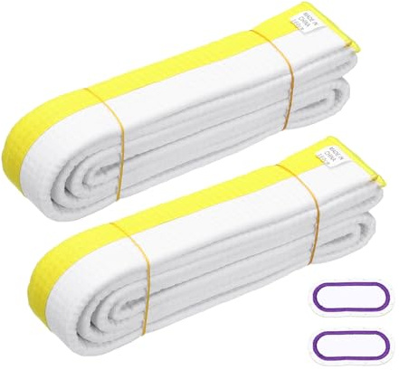 YELARXI Karate Belt, Martial Arts Ranking Belts with Name Tag Solid Cotton Double-Layered Core Long Uniform Training Equipment Fitting for (Taekwondo/Karate/Judo) 5.2ft&2Pcs&White/Yellow