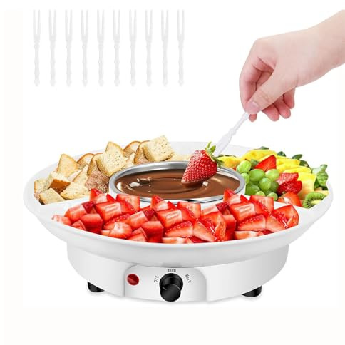 Asixxsix Set di vaso di fondue elettrico, Crema di cioccolato che scioglie uniformemente con controllo della temperatura forche 10pcs, cioccolato melting pot per Festa Data Notte Film (Spina europea