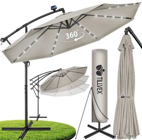 tillvex® Sonnenschirm Solar Ø 300/350 cm + Abdeckung & LED Beleuchtung | Ampelschirm mit Kurbel & Ständer | Gartenschirm Aluminium UV50+ | Alu Kurbelschirm Sonnenschutz Terrasse Garten wasserdicht