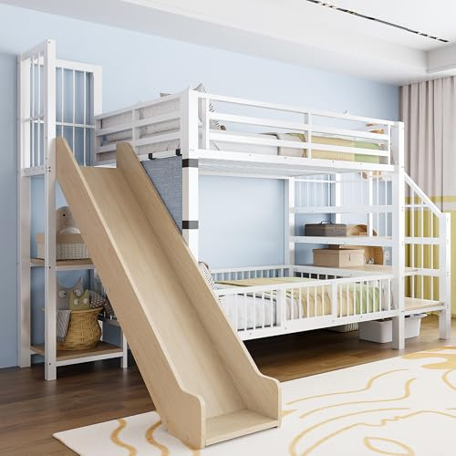 Letto a castello in metallo resistente, 90x200 cm, con scivolo, scaletta di sicurezza, ringhiera di sicurezza a 360 gradi, rete metallica a doghe, ripiani multipli, adatto a ragazzi, colore bianco.