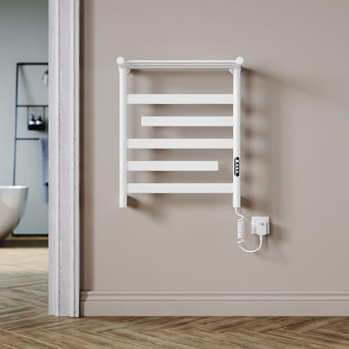 SUNXURY Scaldasalviette elettrico 66 x 55 cm, rotazione di 180°, scaldasalviette elettrico con ripiano riscaldante, termostato intelligente WiFi per Alexa e Google Home, 30 – 70 °C, 140 W, bianco