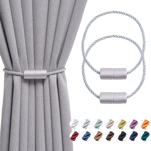 Pretty Jolly 2 Pack Magnetic Curtain Tiebacks - 16 Inch Handmade Weave Side Rope Curtain Holdbacks for Home & Office Window Drapery (Grey)