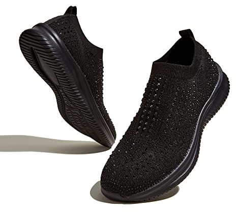 BELOS Women's Rhinestone Slip On Walking Shoes Breathable Mesh Knit Sock Shoes Fashion Comfortable Sparkly Sneaker(Black,10)