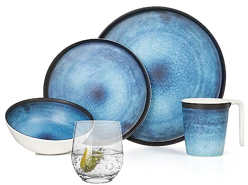Set di stoviglie da campeggio in melamina, per 4 persone, Deep Ocean + 4 bicchieri Tiamo, stoviglie da tavola, picnic, barbecue