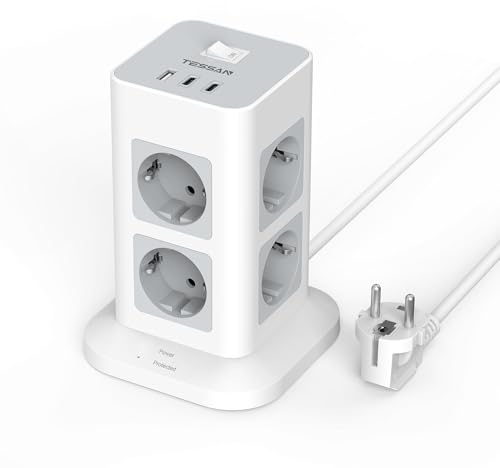 TESSAN Regletas Enchufes Proteccion Sobretension 8 Tomas con 1 USB A y 2 USB C, Torre Regleta Vertical con Interruptor, Alargador Enchufe 2 Metros, Torre Multiple 3600W para Mesa, Oficina, Casa