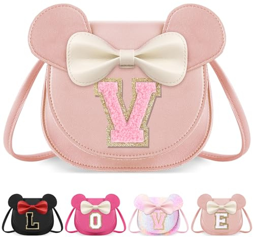 Borsa a tracolla per bambina, con fiocco e orecchie di topo, per bambini da 2 a 8 anni, regalo di compleanno, Grande/Borsa Rosa/Lettera Rosa, V