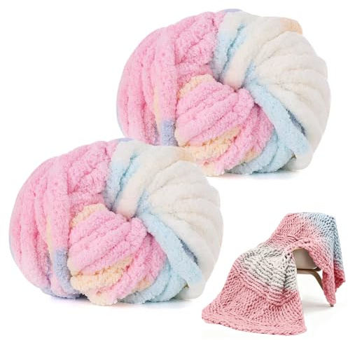 Tjock ulltråd garn för virkning, 2 x 245 g mjukt stickgarn, ull för handstickning, mjuk armstickning, ull för filtar, kuddar, heminredning (färgblandning)