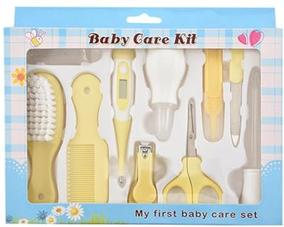Kit de soins pour bébé 10 pièces - Ciseaux de sécurité, brosse à cheveux, peigne, coupe-ongles, nettoyeur pour le corps et le nez - Kit de soins de santé essentiels pour la maternité et l’enfant