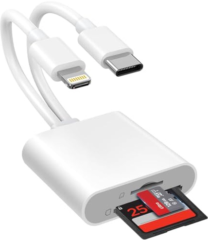 [Certificado Apple MFi] Lector de tarjetas SD de doble ranura para microSD/SD, Adaptador de tarjeta SD para iPhone, iPad y Mac, visor de tarjetas TF de doble conector Lightning y USBC (2 ranuras)