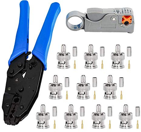 Kagni herramienta Red - Pelacables coaxial, 1 crimpadora + 1 alicate pelacables +10 conectores F para RG58/RG59/RG6
