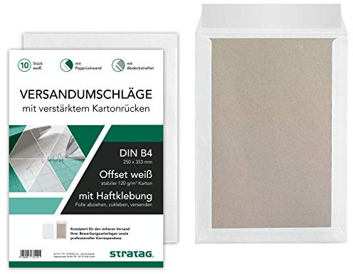 50 Stück Premium Versandtaschen B4 in Weiß, mit Papprückwand, Haftklebung und Abdeckstreifen, 250 x 353 mm (5x 10 Stück Packungen)