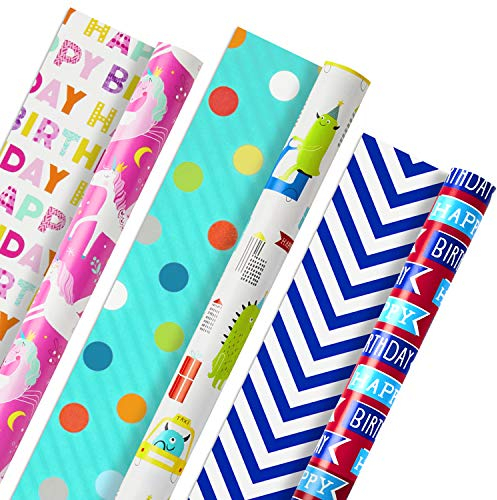 Hallmark 5EWR2434 Reversible Wrapping Paper, Kids Birthday (Pack of 3, 120 sq. ft. TTL) Wendbares Geschenkpapier für Kinder, Papier, Pink