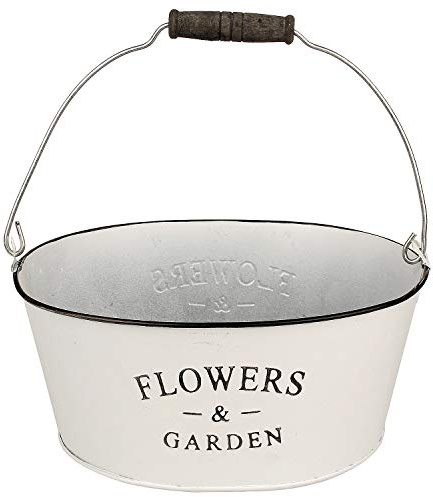 Macosa NO55775 Pot de fleurs décoratif en zinc vintage avec inscription ovale seau en zinc pour maison de campagne et jardin Pot de fleurs décoratif en métal Blanc