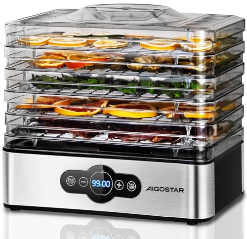 Deshidratador de Alimentos 240W Aigostar Crispy, Deshidratador con 5 Bandejas Altura Regulable, Pantalla LED, Temporizador 99H y Temperatura Ajustable, Deshidratadora de Frutas y Verduras, Sin BPA