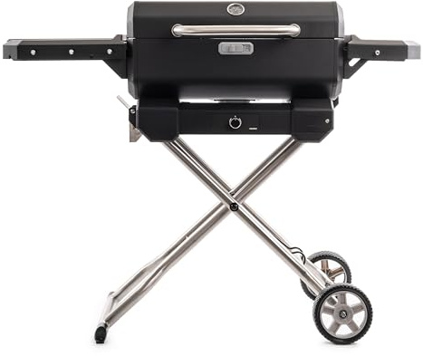 Masterbuilt® Parrilla eléctrica portátil de carbón y ahumador con control de temperatura analógico SteadyTemp, carrito plegable y 200 pulgadas cuadradas de cocción en negro, modelo MB20040722