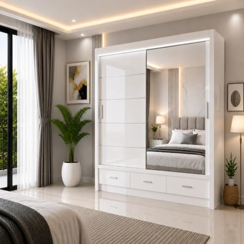 IE INTERIOR EMPORIUM Florence High Gloss 2 and 3 Sliding door wardrobe in 3 colors & 2 sizes 205cm/256cm (205cm, White)