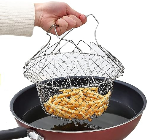 XFLYP Cestello Profondo per Frittura, Scolapasta Pieghevole in Rete, Colapasta Multifunzione per Colapasta Multifunzione per Patatine Fritte Verdure Insalate Frutta