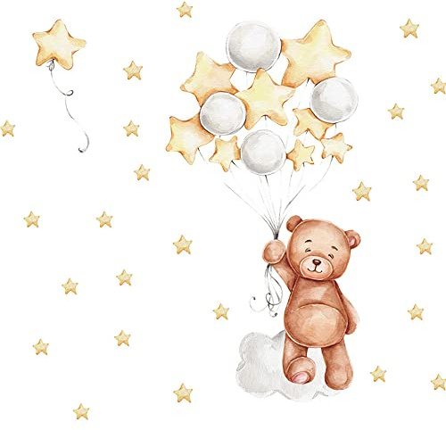 duoyif Wandtattoo Stern-Bär-Ballon Wandsticker Kinderzimmer Jungen Mädchen | Wandtattoo Babyzimmer Wandaufkleber Aquarell Kinder Wandsticker Für Kinderzimmer Schlafzimmer Schrank Tür Wanddeko