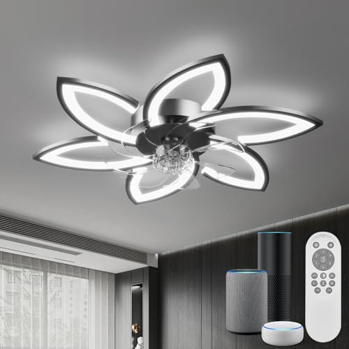 YUNLONG Smart Deckenventilator mit Beleuchtung Dimmbar, Kompatibel mit Alexa (Bluetooth, kein WLAN erforderlich), Leise Deckenleuchte mit Ventilator im Blumen design inkl. Fernbedienung, Schwarz