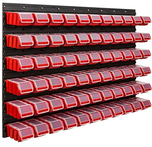 Lagersystem Werkstattregal | 117 x 78 cm | 66 stck. Box | Wandregal mit Stapelboxen - Wandplatten Extra Starke Schüttenregal Warkzeuglochwand Lagerregal Garage Regal (3)