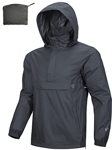 Outdoor Ventures Herren Regenjacke Packbarer Wasserdichter Regenpullover | Reflektierende Streifen, Versteckte Kapuze, Seitlicher Reißverschluss, 3 Taschen, Leicht, Winddicht, Atmungsaktiv, Angeln