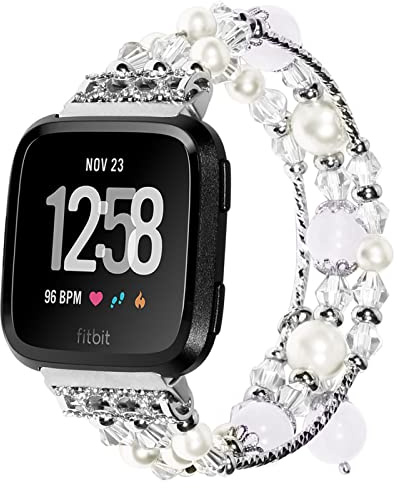 RuiRdot Armband für Versa 2, Handgefertigtes elastisches Stretch-Armband Damen Mädchen Kunstperle Naturstein Bans Strap Fitness-Armband Ersatzarmband für Versa/Versa 2 / Versa Lite (E01)