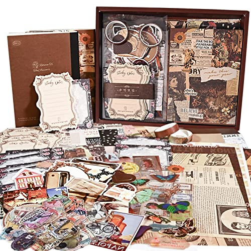 Rairsky 136 Stück Vintage Scrapbook Zubehör Set, Ästhetische Bullet Journal Set mit Notizbuch Washi Sticker Scrapbooking Papier Journaling Zubehör, Scrapbooking Kit DIY Geschenk für Mädchen Damen