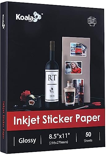 (50 Sheets) Koala Glossy Sticker Paper for Inkjet Printer, Printable Sticker Paper White, 8.5x11 Inch Self-Adhesive Photo Sticker Printer Paper