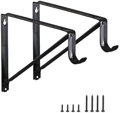HOME MASTER HARDWARE Heavy Duty Closet Rod Brackets 2 Pack, Wall Mounted Shelf Bracket with Rod Shelving Support, 11 x 9.5 in Shelves Support Brace with Hook Black with Screws