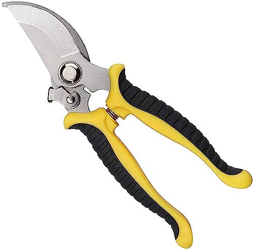 MOPPRO Garden Shears, Secateurs & Pruning Scissors, Mitre Shears, Florist Scissors, Snips, Trimmer, Clippers with Locking Handle, Gardening Gifts for Men (Yellow)