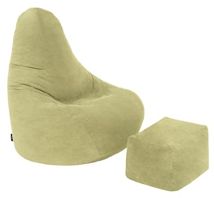 Loft 25 Gamer Liegesessel, Sitzsack, für den Innenbereich, Wohnzimmer, Erwachsene, weich, ergonomisch geformt, bequem und langlebig (Sitzsack + Fußhocker, grün)