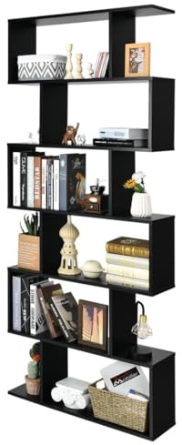 SFAREST 5/6 Tier Bookcase, S-Shaped Bookshelf(Black,80 x 23 x 192cm)