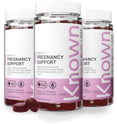 Known Pregnancy Support Gummies with 400mcg Folic Acid – Raspberry Flavour – Vegan Prenatal Multivitamin Gummy Supplement – with Vitamin D3, K, C, E, B12, Biotin & Zinc – 3 Month Supply