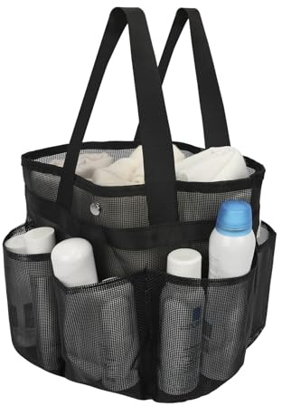Simpolor Mesh Dusche Caddy Portable, 7 Taschen Dusche Tasche mit Knopf, Schwarz