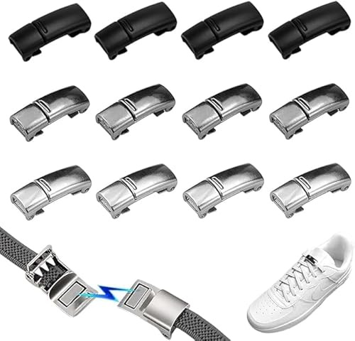 Xrten 12 Pezzi Blocca Lacci Scarpe Metallo, Fibbia Magnetica per Pigre Scarpe con Lacci Elastici Senza Nodo - Adatto per Bambini, Adulti (Argento, Nero, Grigio)