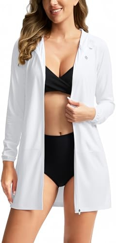 Women's UPF 50+ Swim Cover Up Sun Protection Hoodie Long Jacket SPF Lightweight Beach Cover Ups for Women(White,XL)