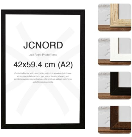 JCNORD Schwarzer MDF Holz Bilderrahmen A2 (42x59.4 cm) mit bruchsicherem Acrylglas | Moderner Fotorahmen für Wände und Tische