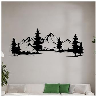 HYRCA Moderne Metall Wanddeko Berge mit Bäumen, Handgefertigte Alpen Landschaft Wandkunst aus Stahl, Schwarze Wanddekoration für Wohnzimmer Schlafzimmer Flur (16x6 Zoll / 40x15cm)