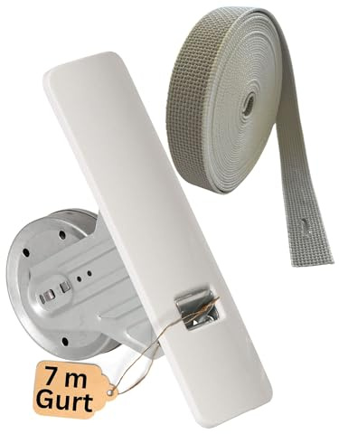 Rollwin Enrollador de correa para persiana empotrada, 165 mm hasta 185 mm, distancia entre orificios ajustable, para caja de pared con enrollador de cinturón, apertura para clips, color blanco,