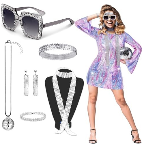 MUFEKUM 6 Stück Disco Accessoires, 70er jahre Kostümzubehör 70er Accessoires Pailletten Quaste Ohrringe Stirnband Strass Armband Halskette Sonnenbrille 70er 80er Jahre Glitzer Outfit Damen
