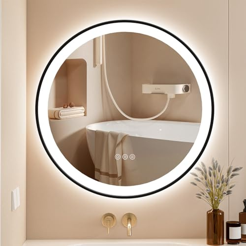 ChillCruiser Runder LED-Badezimmerspiegel 50cm mit schwarzem Rahmen, beschlagfrei LED-Spiegel fürs Badezimmer, kreisförmig beleuchteter Badezimmerspiegel für die Wand, 3 Farben, Memory