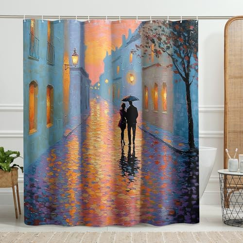 Cortina de ducha romántica con paraguas, color azul pastel y melocotón, cortina de ducha para decoración de baño, cortina de ducha artística moderna de tela impermeable con ganchos, 72 x 78 pulgadas