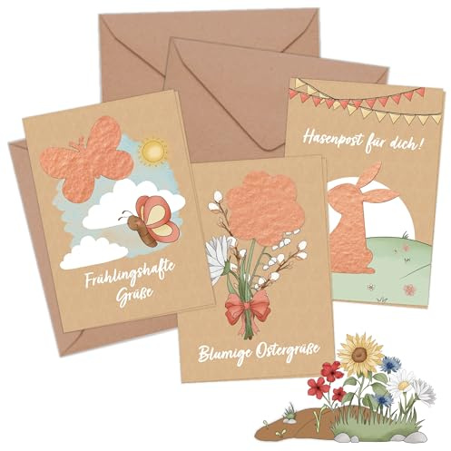 Papierdrachen Klappkarten mit Saatpapier Osterhasenwelt – 3 Klappkarten mit Wildblumensamen & Packpapier Umschlägen – plastikfrei – nachhaltige Frühlingsgrüße – Blumige Ostergrüße